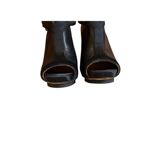 L.A.M.B. Gwen Stefani Leather & Satin Trim Platform Open Toe Booties Black - Picture 4 of 10